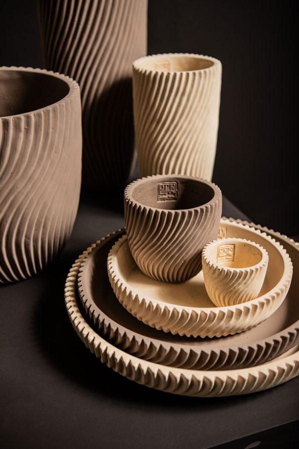 Lianna Beige cement round bowl with line pattern M - Afbeelding 2