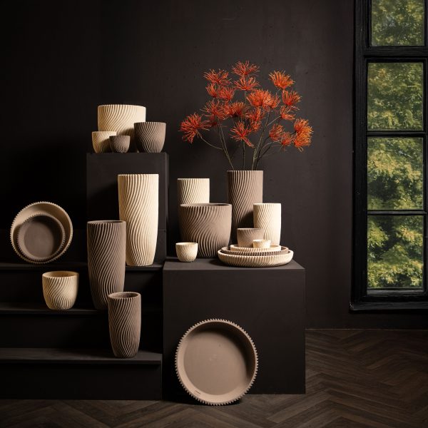 Lianna Beige cement round bowl with line pattern M - Afbeelding 3