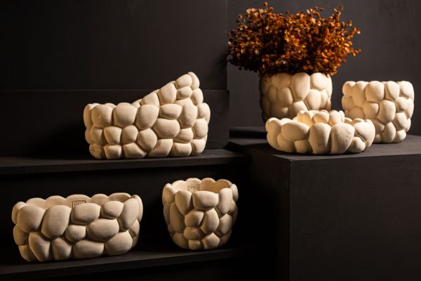 Mikay White cement oval smooth rock pattern pot L - Afbeelding 3